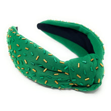 Load image into Gallery viewer, green gold knot headband, green sprinkle knot headband, GameDay headband, confetti headband, green gold knotted headband, College Game day headband, college knotted headband, baylor bears college headband, Baylor bears headband, best friend gift, college go bears, college game day gift, baylor bear knot headband, Baylor university college gifts, go gators fan, college gifts, roll tide football headband, Baylor bear tailgating outfit, basketball headband, Football team headband
