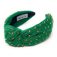 Load image into Gallery viewer, green gold knot headband, green sprinkle knot headband, GameDay headband, confetti headband, green gold knotted headband, College Game day headband, college knotted headband, baylor bears college headband, Baylor bears headband, best friend gift, college go bears, college game day gift, baylor bear knot headband, Baylor university college gifts, go gators fan, college gifts, roll tide football headband, Baylor bear tailgating outfit, basketball headband, Football team headband