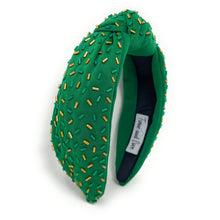 Load image into Gallery viewer, green gold knot headband, green sprinkle knot headband, GameDay headband, confetti headband, green gold knotted headband, College Game day headband, college knotted headband, baylor bears college headband, Baylor bears headband, best friend gift, college go bears, college game day gift, baylor bear knot headband, Baylor university college gifts, go gators fan, college gifts, roll tide football headband, Baylor bear tailgating outfit, basketball headband, Football team headband