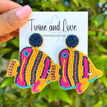 Load image into Gallery viewer, custom beaded Earrings, jeweled Earrings, fish Beaded Earrings, fish earrings, summer jeweled earrings, handmade earrings, custom earrings, resort accessories, fancy accessories, sea embellished earrings, custom earrings, best friend gifts, birthday gifts, bohemian earrings, luxurious handmade accessories, party earrings, Fancy earrings, boho earrings, beaded earrings, fish embellished earrings, Fancy jeweled earrings, statement earrings, best selling items, statement earrings, handmade gifts, custom gifts