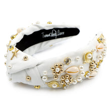 Load image into Gallery viewer, sea shell Jeweled Headband, shells Jeweled knot Headband, shells Jeweled Knot Headband, Jeweled Knot Headbands, sea shells Knotted Headband, white shells knotted headband, birthday gifts, headbands for women, white knotted headbands, hair accessories, vacation knot headband, embellished shell jeweled headband, bachelorette headband, Bachelorette gifts, embellished headband, summer Jeweled headband, seashells headband, tropical headband, bling headband, Sea headband, sea shells accessories