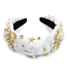 Load image into Gallery viewer, sea shell Jeweled Headband, shells Jeweled knot Headband, shells Jeweled Knot Headband, Jeweled Knot Headbands, sea shells Knotted Headband, white shells knotted headband, birthday gifts, headbands for women, white knotted headbands, hair accessories, vacation knot headband, embellished shell jeweled headband, bachelorette headband, Bachelorette gifts, embellished headband, summer Jeweled headband, seashells headband, tropical headband, bling headband, Sea headband, sea shells accessories