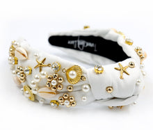 Load image into Gallery viewer, sea shell Jeweled Headband, shells Jeweled knot Headband, shells Jeweled Knot Headband, Jeweled Knot Headbands, sea shells Knotted Headband, white shells knotted headband, birthday gifts, headbands for women, white knotted headbands, hair accessories, vacation knot headband, embellished shell jeweled headband, bachelorette headband, Bachelorette gifts, embellished headband, summer Jeweled headband, seashells headband, tropical headband, bling headband, Sea headband, sea shells accessories