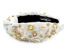 Load image into Gallery viewer, sea shell Jeweled Headband, shells Jeweled knot Headband, shells Jeweled Knot Headband, Jeweled Knot Headbands, sea shells Knotted Headband, white shells knotted headband, birthday gifts, headbands for women, white knotted headbands, hair accessories, vacation knot headband, embellished shell jeweled headband, bachelorette headband, Bachelorette gifts, embellished headband, summer Jeweled headband, seashells headband, tropical headband, bling headband, Sea headband, sea shells accessories