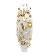 Load image into Gallery viewer, sea shell Jeweled Headband, shells Jeweled knot Headband, shells Jeweled Knot Headband, Jeweled Knot Headbands, sea shells Knotted Headband, white shells knotted headband, birthday gifts, headbands for women, white knotted headbands, hair accessories, vacation knot headband, embellished shell jeweled headband, bachelorette headband, Bachelorette gifts, embellished headband, summer Jeweled headband, seashells headband, tropical headband, bling headband, Sea headband, sea shells accessories
