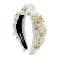 Load image into Gallery viewer, sea shell Jeweled Headband, shells Jeweled knot Headband, shells Jeweled Knot Headband, Jeweled Knot Headbands, sea shells Knotted Headband, white shells knotted headband, birthday gifts, headbands for women, white knotted headbands, hair accessories, vacation knot headband, embellished shell jeweled headband, bachelorette headband, Bachelorette gifts, embellished headband, summer Jeweled headband, seashells headband, tropical headband, bling headband, Sea headband, sea shells accessories