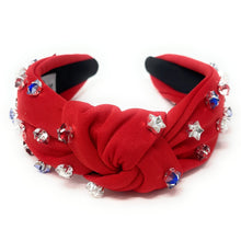 Load image into Gallery viewer, Americana Jeweled Headband, Patriotic Knotted Headband, Star Knotted Headband, Americana Hair Accessories, Red White Headband, Best Seller, headbands for women, best selling items, knotted headband, hairbands for women, hair accessories, Independence day gifts, Independence day Headband, Memorial day hair accessories, American headband, USA flag headband, Fourth of July headband, Fourth of July gifts, red white headband, star knot headband, Jeweled headband, USA Jeweled headband, USA Headband