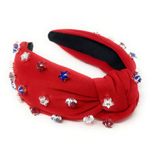 Load image into Gallery viewer, Americana Jeweled Headband, Patriotic Knotted Headband, Star Knotted Headband, Americana Hair Accessories, Red White Headband, Best Seller, headbands for women, best selling items, knotted headband, hairbands for women, hair accessories, Independence day gifts, Independence day Headband, Memorial day hair accessories, American headband, USA flag headband, Fourth of July headband, Fourth of July gifts, red white headband, star knot headband, Jeweled headband, USA Jeweled headband, USA Headband