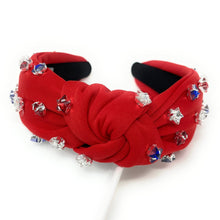 Load image into Gallery viewer, Americana Jeweled Headband, Patriotic Knotted Headband, Star Knotted Headband, Americana Hair Accessories, Red White Headband, Best Seller, headbands for women, best selling items, knotted headband, hairbands for women, hair accessories, Independence day gifts, Independence day Headband, Memorial day hair accessories, American headband, USA flag headband, Fourth of July headband, Fourth of July gifts, red white headband, star knot headband, Jeweled headband, USA Jeweled headband, USA Headband