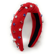 Load image into Gallery viewer, Americana Jeweled Headband, Patriotic Knotted Headband, Star Knotted Headband, Americana Hair Accessories, Red White Headband, Best Seller, headbands for women, best selling items, knotted headband, hairbands for women, hair accessories, Independence day gifts, Independence day Headband, Memorial day hair accessories, American headband, USA flag headband, Fourth of July headband, Fourth of July gifts, red white headband, star knot headband, Jeweled headband, USA Jeweled headband, USA Headband