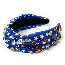 Load image into Gallery viewer, Americana Jeweled Headband, Patriotic Knotted Headband, Star Knotted Headband, Americana Hair Accessories, Red White Headband, Best Seller, headbands for women, best selling items, knotted headband, hairbands for women, hair accessories, Independence day gifts, Independence day Headband, Memorial day hair accessories, American headband, USA flag headband, Fourth of July headband, Fourth of July gifts, red white headband, star knot headband, Jeweled headband, USA Jeweled headband, USA Headband