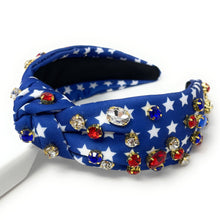 Load image into Gallery viewer, Americana Jeweled Headband, Patriotic Knotted Headband, Star Knotted Headband, Americana Hair Accessories, Red White Headband, Best Seller, headbands for women, best selling items, knotted headband, hairbands for women, hair accessories, Independence day gifts, Independence day Headband, Memorial day hair accessories, American headband, USA flag headband, Fourth of July headband, Fourth of July gifts, red white headband, star knot headband, Jeweled headband, USA Jeweled headband, USA Headband