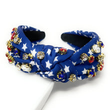 Load image into Gallery viewer, Americana Jeweled Headband, Patriotic Knotted Headband, Star Knotted Headband, Americana Hair Accessories, Red White Headband, Best Seller, headbands for women, best selling items, knotted headband, hairbands for women, hair accessories, Independence day gifts, Independence day Headband, Memorial day hair accessories, American headband, USA flag headband, Fourth of July headband, Fourth of July gifts, red white headband, star knot headband, Jeweled headband, USA Jeweled headband, USA Headband