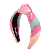 Load image into Gallery viewer, headband for women, summer Knot headband, pink headband, Summer knotted headband, Multicolor top knot headband, multi color top knotted headband, multicolor knotted headband, Bright knot headband, pink Sequin hair band, blue sequin knot headbands, pink knot headband, statement headbands, top knotted headband, knotted headband, Multicolor accessories, embellished headband, gemstone knot headband, luxury headband, embellished knot headband, multicolor knot headband, summer knot embellished headband