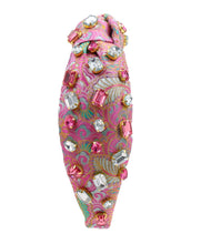 Load image into Gallery viewer, headband for women, tropical Knot headband, jacquard pink headband, pink knot headband, top knot headband, jacquard top knot headband, vacation top knot headband, resort hair band, summer knot headband, pink jacquard color headband, handmade gifts, top knotted headband, knotted headband, party headbands, jacquard knot headband, tropical headbands, green knot embellished headband, best selling items, luxury headband, custom headband, jeweled knot headband, Handmade headband, hand sewn headband