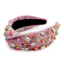 Load image into Gallery viewer, headband for women, tropical Knot headband, jacquard pink headband, pink knot headband, top knot headband, jacquard top knot headband, vacation top knot headband, resort hair band, summer knot headband, pink jacquard color headband, handmade gifts, top knotted headband, knotted headband, party headbands, jacquard knot headband, tropical headbands, green knot embellished headband, best selling items, luxury headband, custom headband, jeweled knot headband, Handmade headband, hand sewn headband
