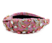 Load image into Gallery viewer, headband for women, tropical Knot headband, jacquard pink headband, pink knot headband, top knot headband, jacquard top knot headband, vacation top knot headband, resort hair band, summer knot headband, pink jacquard color headband, handmade gifts, top knotted headband, knotted headband, party headbands, jacquard knot headband, tropical headbands, green knot embellished headband, best selling items, luxury headband, custom headband, jeweled knot headband, Handmade headband, hand sewn headband