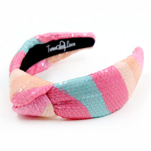 Load image into Gallery viewer, headband for women, summer Knot headband, pink headband, Summer knotted headband, Multicolor top knot headband, multi color top knotted headband, multicolor knotted headband, Bright knot headband, pink Sequin hair band, blue sequin knot headbands, pink knot headband, statement headbands, top knotted headband, knotted headband, Multicolor accessories, embellished headband, gemstone knot headband, luxury headband, embellished knot headband, multicolor knot headband, summer knot embellished headband