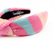 Load image into Gallery viewer, headband for women, summer Knot headband, pink headband, Summer knotted headband, Multicolor top knot headband, multi color top knotted headband, multicolor knotted headband, Bright knot headband, pink Sequin hair band, blue sequin knot headbands, pink knot headband, statement headbands, top knotted headband, knotted headband, Multicolor accessories, embellished headband, gemstone knot headband, luxury headband, embellished knot headband, multicolor knot headband, summer knot embellished headband