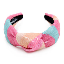 Load image into Gallery viewer, headband for women, summer Knot headband, pink headband, Summer knotted headband, Multicolor top knot headband, multi color top knotted headband, multicolor knotted headband, Bright knot headband, pink Sequin hair band, blue sequin knot headbands, pink knot headband, statement headbands, top knotted headband, knotted headband, Multicolor accessories, embellished headband, gemstone knot headband, luxury headband, embellished knot headband, multicolor knot headband, summer knot embellished headband
