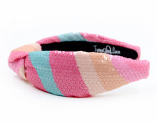 Load image into Gallery viewer, headband for women, summer Knot headband, pink headband, Summer knotted headband, Multicolor top knot headband, multi color top knotted headband, multicolor knotted headband, Bright knot headband, pink Sequin hair band, blue sequin knot headbands, pink knot headband, statement headbands, top knotted headband, knotted headband, Multicolor accessories, embellished headband, gemstone knot headband, luxury headband, embellished knot headband, multicolor knot headband, summer knot embellished headband