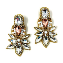 Load image into Gallery viewer, custom beaded Earrings, gold jeweled Earrings, gold Beaded Earrings, boho earrings, summer jeweled earrings, handmade earrings, custom earrings, party accessories, fancy accessories, gold embellished earrings, custom earrings, best friend gifts, birthday gifts, bohemian earrings, luxurious handmade accessories, night jewelry, Fancy earrings, boho earrings, beaded earrings, Fancy jeweled earrings, statement earrings, best selling items, statement earrings, handmade gifts, custom gifts, gold beige