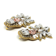 Load image into Gallery viewer, custom beaded Earrings, gold jeweled Earrings, gold Beaded Earrings, boho earrings, summer jeweled earrings, handmade earrings, custom earrings, party accessories, fancy accessories, gold embellished earrings, custom earrings, best friend gifts, birthday gifts, bohemian earrings, luxurious handmade accessories, night jewelry, Fancy earrings, boho earrings, beaded earrings, Fancy jeweled earrings, statement earrings, best selling items, statement earrings, handmade gifts, custom gifts, gold beige