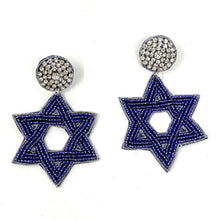 Load image into Gallery viewer, 
Hanukkah Beaded Earrings, Hanukkah Earrings, Holiday Earrings, Blue Beaded Earrings, Seed Bead, Hanukkah, Holiday ornament earrings, Star of David beaded earrings, Star of David Hanukkah, Blue star earrings, holiday earrings, Ornament earrings, blue Star of David earrings, holiday gifts, holiday accessories, holiday beaded accessories, Holiday accessories, Holiday Blue earrings, Hanukkah gifts, best Selling items, Hanukkah star earrings, Custom earrings