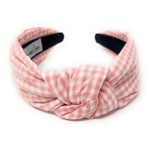 Load image into Gallery viewer, gingham Knot headband, light pink knot headband, blush pink knotted headband, blush pink accessories, blush pink knot headband, game day headband, game day knotted headband, baby blue headband, blush pink hair band, blush headbands, baby shower headband, white and pink knotted headband, baby shower knotted headband, game day hair accessories, blush pink accessories, gingham headband, spring headband, Easter accessories, custom headband, handmade headbands, Easter knotted headband