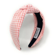 Load image into Gallery viewer, gingham Knot headband, light pink knot headband, blush pink knotted headband, blush pink accessories, blush pink knot headband, game day headband, game day knotted headband, baby blue headband, blush pink hair band, blush headbands, baby shower headband, white and pink knotted headband, baby shower knotted headband, game day hair accessories, blush pink accessories, gingham headband, spring headband, Easter accessories, custom headband, handmade headbands, Easter knotted headband