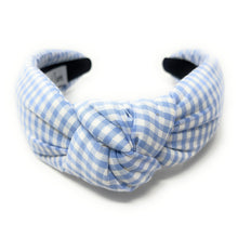 Load image into Gallery viewer, gingham Knot headband, baby blue knot headband, Iight blue knotted headband, light blue accessories, light blue knot headband, game day headband, game day knotted headband, baby blue headband, light blue hair band, blue headbands, Detroit Lions headband, white and blue knotted headband, baby shower knotted headband, game day hair accessories, Carolina blue, baby blue knot headband, Los Angeles Chargers headband, light blue accessories, custom headband, handmade headbands, baby blue knotted headband