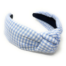 Load image into Gallery viewer, gingham Knot headband, baby blue knot headband, Iight blue knotted headband, light blue accessories, light blue knot headband, game day headband, game day knotted headband, baby blue headband, light blue hair band, blue headbands, Detroit Lions headband, white and blue knotted headband, baby shower knotted headband, game day hair accessories, Carolina blue, baby blue knot headband, Los Angeles Chargers headband, light blue accessories, custom headband, handmade headbands, baby blue knotted headband