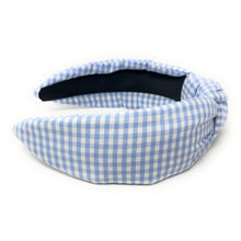 Load image into Gallery viewer, gingham Knot headband, baby blue knot headband, Iight blue knotted headband, light blue accessories, light blue knot headband, game day headband, game day knotted headband, baby blue headband, light blue hair band, blue headbands, Detroit Lions headband, white and blue knotted headband, baby shower knotted headband, game day hair accessories, Carolina blue, baby blue knot headband, Los Angeles Chargers headband, light blue accessories, custom headband, handmade headbands, baby blue knotted headband