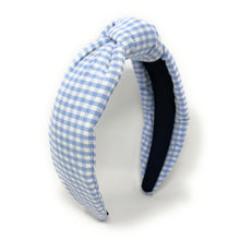 Load image into Gallery viewer, gingham Knot headband, baby blue knot headband, Iight blue knotted headband, light blue accessories, light blue knot headband, game day headband, game day knotted headband, baby blue headband, light blue hair band, blue headbands, Detroit Lions headband, white and blue knotted headband, baby shower knotted headband, game day hair accessories, Carolina blue, baby blue knot headband, Los Angeles Chargers headband, light blue accessories, custom headband, handmade headbands, baby blue knotted headband