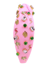 Load image into Gallery viewer, headband for women, tropical Knot headband, pink headband, flamingo knot headband, top knot headband, flamingo top knot headband, vacation top knot headband, resort hair band, summer knot headband, pink color headband, handmade gifts, top knotted headband, knotted headband, party headbands, flamingo knot headband, tropical headbands, pink flamingo knot embellished headband, best selling items, luxury headband, custom headband, jeweled knot headband, Handmade headband, hand sewn headband