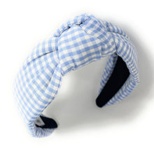 Load image into Gallery viewer, gingham Knot headband, baby blue knot headband, Iight blue knotted headband, light blue accessories, light blue knot headband, game day headband, game day knotted headband, baby blue headband, light blue hair band, blue headbands, Detroit Lions headband, white and blue knotted headband, baby shower knotted headband, game day hair accessories, Carolina blue, baby blue knot headband, Los Angeles Chargers headband, light blue accessories, custom headband, handmade headbands, baby blue knotted headband