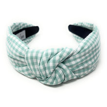 Load image into Gallery viewer, gingham Knot headband, light green knot headband, mint green knotted headband, mint color accessories, light green knot headband, game day headband, game day knotted headband, baby green headband, light green hair band, green headbands, baby shower headband, white and green knotted headband, baby shower knotted headband, game day hair accessories, light green accessories, gingham headband, spring headband, Easter accessories, custom headband, handmade headbands, Easter knotted headband