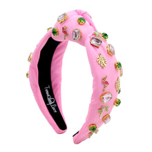 Load image into Gallery viewer, headband for women, tropical Knot headband, pink headband, flamingo knot headband, top knot headband, flamingo top knot headband, vacation top knot headband, resort hair band, summer knot headband, pink color headband, handmade gifts, top knotted headband, knotted headband, party headbands, flamingo knot headband, tropical headbands, pink flamingo knot embellished headband, best selling items, luxury headband, custom headband, jeweled knot headband, Handmade headband, hand sewn headband