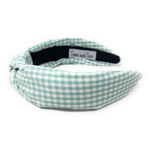 Load image into Gallery viewer, gingham Knot headband, light green knot headband, mint green knotted headband, mint color accessories, light green knot headband, game day headband, game day knotted headband, baby green headband, light green hair band, green headbands, baby shower headband, white and green knotted headband, baby shower knotted headband, game day hair accessories, light green accessories, gingham headband, spring headband, Easter accessories, custom headband, handmade headbands, Easter knotted headband