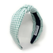 Load image into Gallery viewer, gingham Knot headband, light green knot headband, mint green knotted headband, mint color accessories, light green knot headband, game day headband, game day knotted headband, baby green headband, light green hair band, green headbands, baby shower headband, white and green knotted headband, baby shower knotted headband, game day hair accessories, light green accessories, gingham headband, spring headband, Easter accessories, custom headband, handmade headbands, Easter knotted headband