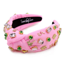 Load image into Gallery viewer, headband for women, tropical Knot headband, pink headband, flamingo knot headband, top knot headband, flamingo top knot headband, vacation top knot headband, resort hair band, summer knot headband, pink color headband, handmade gifts, top knotted headband, knotted headband, party headbands, flamingo knot headband, tropical headbands, pink flamingo knot embellished headband, best selling items, luxury headband, custom headband, jeweled knot headband, Handmade headband, hand sewn headband