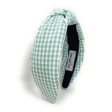 Load image into Gallery viewer, gingham Knot headband, light green knot headband, mint green knotted headband, mint color accessories, light green knot headband, game day headband, game day knotted headband, baby green headband, light green hair band, green headbands, baby shower headband, white and green knotted headband, baby shower knotted headband, game day hair accessories, light green accessories, gingham headband, spring headband, Easter accessories, custom headband, handmade headbands, Easter knotted headband