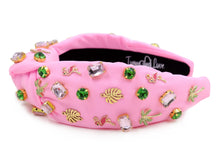 Load image into Gallery viewer, headband for women, tropical Knot headband, pink headband, flamingo knot headband, top knot headband, flamingo top knot headband, vacation top knot headband, resort hair band, summer knot headband, pink color headband, handmade gifts, top knotted headband, knotted headband, party headbands, flamingo knot headband, tropical headbands, pink flamingo knot embellished headband, best selling items, luxury headband, custom headband, jeweled knot headband, Handmade headband, hand sewn headband