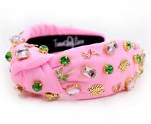 Load image into Gallery viewer, headband for women, tropical Knot headband, pink headband, flamingo knot headband, top knot headband, flamingo top knot headband, vacation top knot headband, resort hair band, summer knot headband, pink color headband, handmade gifts, top knotted headband, knotted headband, party headbands, flamingo knot headband, tropical headbands, pink flamingo knot embellished headband, best selling items, luxury headband, custom headband, jeweled knot headband, Handmade headband, hand sewn headband