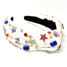 Load image into Gallery viewer, Americana Jeweled Headband, Patriotic Knotted Headband, Star Knotted Headband, Americana Hair Accessories, USA White Knot Headband, Best Seller, headbands for women, best selling items, knotted headband, hairbands for women, hair accessories, Independence day gifts, Independence day Headband, Memorial day hair accessories, American headband, USA flag headband, Fourth of July headband, Fourth of July gifts, red white headband, star knot headband, Jeweled headband, USA Jeweled headband, USA Headband