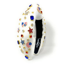 Load image into Gallery viewer, Americana Jeweled Headband, Patriotic Knotted Headband, Star Knotted Headband, Americana Hair Accessories, USA White Knot Headband, Best Seller, headbands for women, best selling items, knotted headband, hairbands for women, hair accessories, Independence day gifts, Independence day Headband, Memorial day hair accessories, American headband, USA flag headband, Fourth of July headband, Fourth of July gifts, red white headband, star knot headband, Jeweled headband, USA Jeweled headband, USA Headband