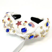 Load image into Gallery viewer, Americana Jeweled Headband, Patriotic Knotted Headband, Star Knotted Headband, Americana Hair Accessories, USA White Knot Headband, Best Seller, headbands for women, best selling items, knotted headband, hairbands for women, hair accessories, Independence day gifts, Independence day Headband, Memorial day hair accessories, American headband, USA flag headband, Fourth of July headband, Fourth of July gifts, red white headband, star knot headband, Jeweled headband, USA Jeweled headband, USA Headband
