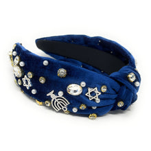 Load image into Gallery viewer, Hanukkah Jeweled Headband, Hanukkah Knotted Headband, Chanukah Knotted Headband, Chanukah Hair Accessories, Hanukkah Headband, Best Seller, headbands for women, best selling items, knotted headband, best selling items, Hanukkah gifts, Chanukah knot Headband, Blue hair accessories, Custom headbands, Chanukah holiday headband, Statement headband, Jewish Holiday gifts, embellished knot headband, jeweled knot headband, Blue Jeweled headband, Hanukkah Embellished headband, Chanukah embellished headband