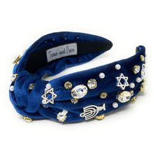 Load image into Gallery viewer, Hanukkah Jeweled Headband, Hanukkah Knotted Headband, Chanukah Knotted Headband, Chanukah Hair Accessories, Hanukkah Headband, Best Seller, headbands for women, best selling items, knotted headband, best selling items, Hanukkah gifts, Chanukah knot Headband, Blue hair accessories, Custom headbands, Chanukah holiday headband, Statement headband, Jewish Holiday gifts, embellished knot headband, jeweled knot headband, Blue Jeweled headband, Hanukkah Embellished headband, Chanukah embellished headband