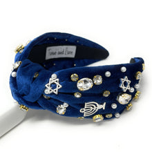 Load image into Gallery viewer, Hanukkah Jeweled Headband, Hanukkah Knotted Headband, Chanukah Knotted Headband, Chanukah Hair Accessories, Hanukkah Headband, Best Seller, headbands for women, best selling items, knotted headband, best selling items, Hanukkah gifts, Chanukah knot Headband, Blue hair accessories, Custom headbands, Chanukah holiday headband, Statement headband, Jewish Holiday gifts, embellished knot headband, jeweled knot headband, Blue Jeweled headband, Hanukkah Embellished headband, Chanukah embellished headband